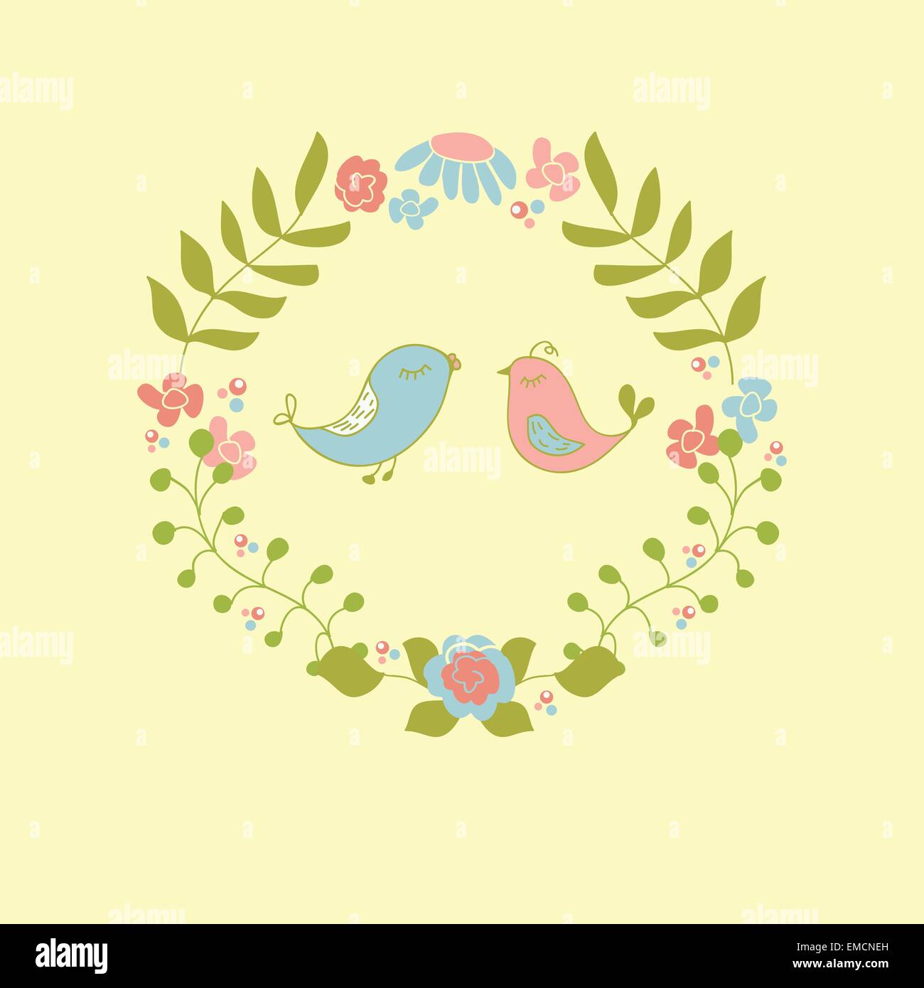 Wedding invitation or greeting card design with cute floral wreath and ...