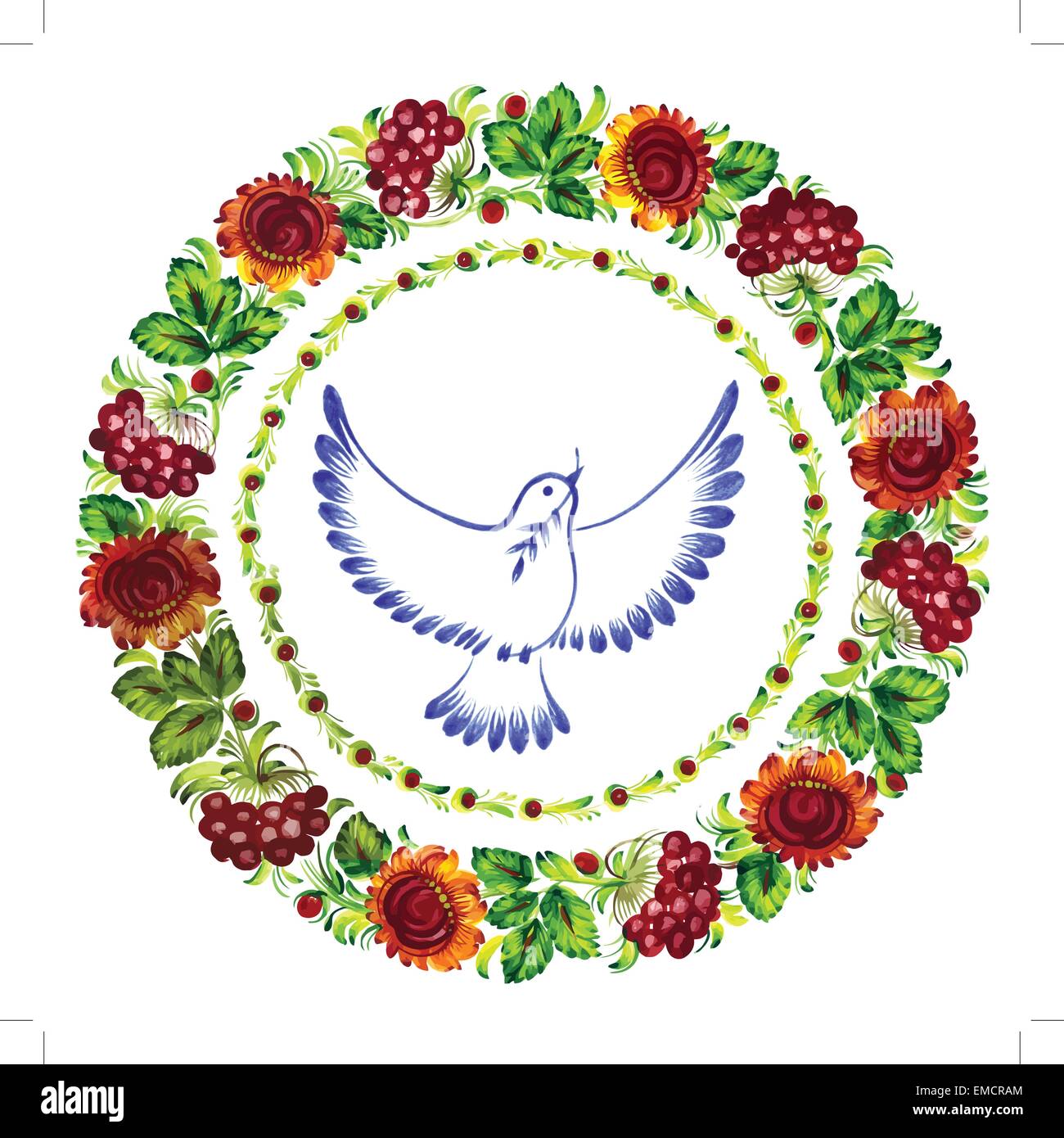 pigeon peace decorative circlet of flowers Stock Vector