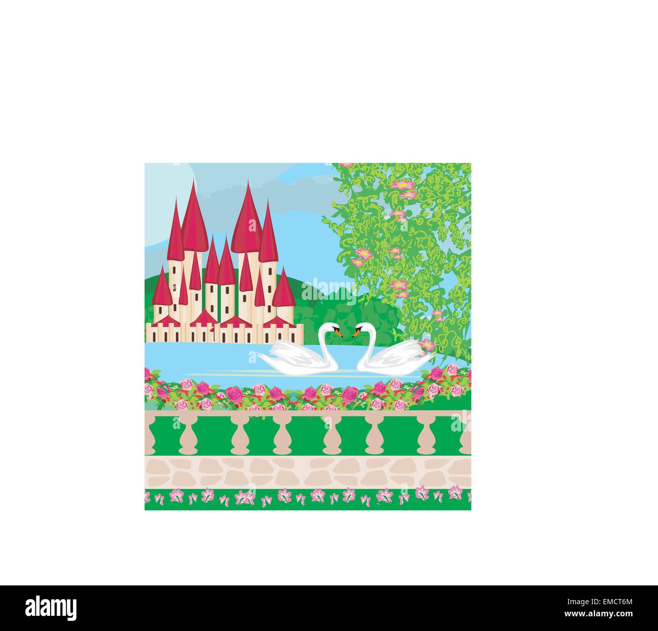 landscape with a beautiful castle , gardens and two swans Stock Vector