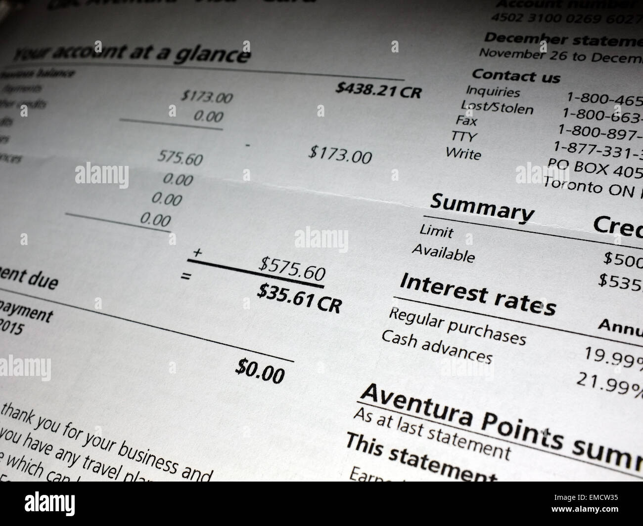 Canadian Banking Paperwork Featuring An Account Summary Stock