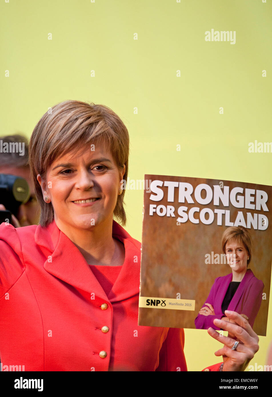 Ratho, Edinburgh, Scotland, UK. 20th April 2015. Nicola Sturgeon First Minister for Scotland launches the Scottish National Party manifesto 2015 at Ratho Stock Photo