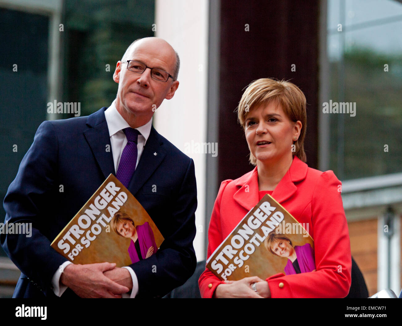 Ratho, Edinburgh, Scotland, UK. 20th April 2015. Nicola Sturgeon (right), First Minister for Scotland, launches the Scottish National Party manifesto 2015 at Ratho. Pictured with John Swinney (left) Stock Photo