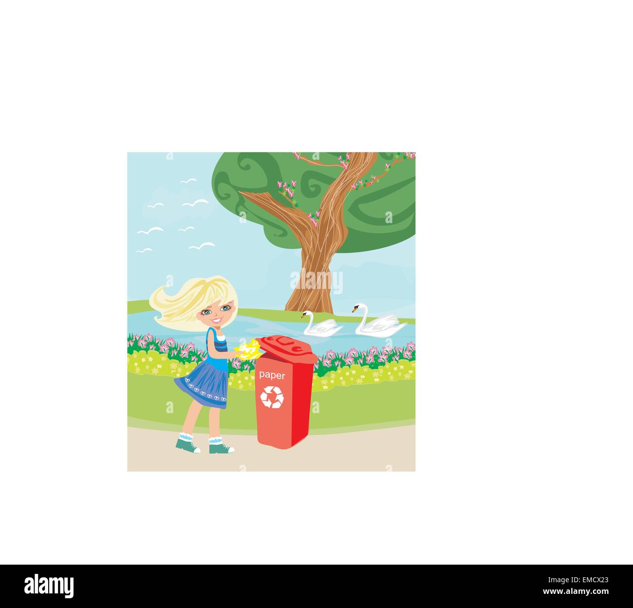 recycling - girl throws paper into red bin Stock Vector
