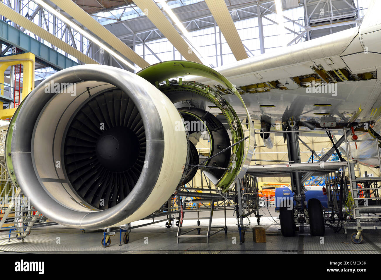 Jet engine of an unfinished airplane in a hangar Stock Photo