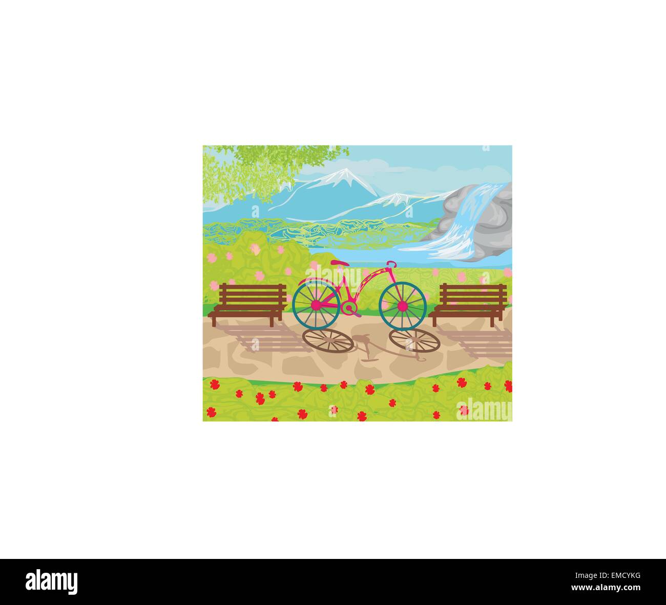 bicycle stands in the park between the benches Stock Vector