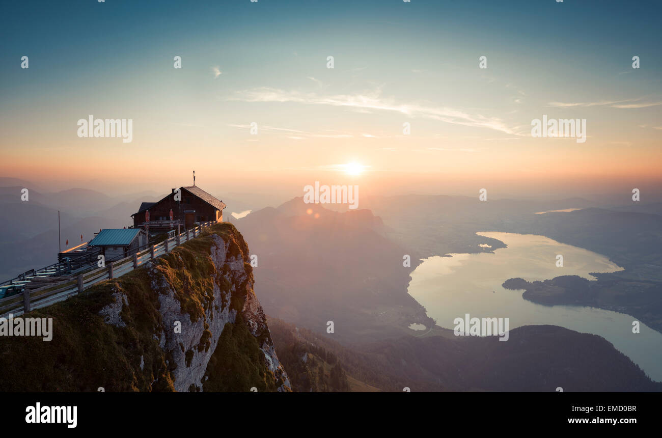 Austria, Salzkammergut, Schafberg, Mountain hut Himmelspforte at sunset Stock Photo