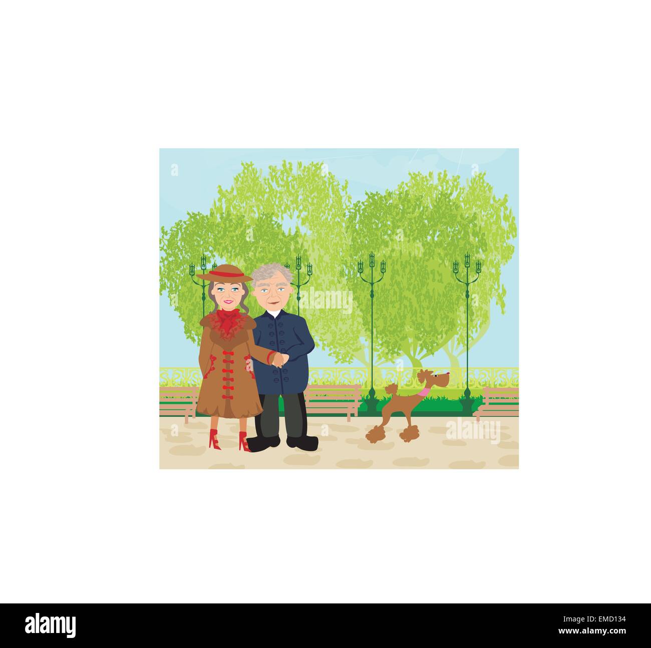 Senior couple walking in sunny day with a dog Stock Vector