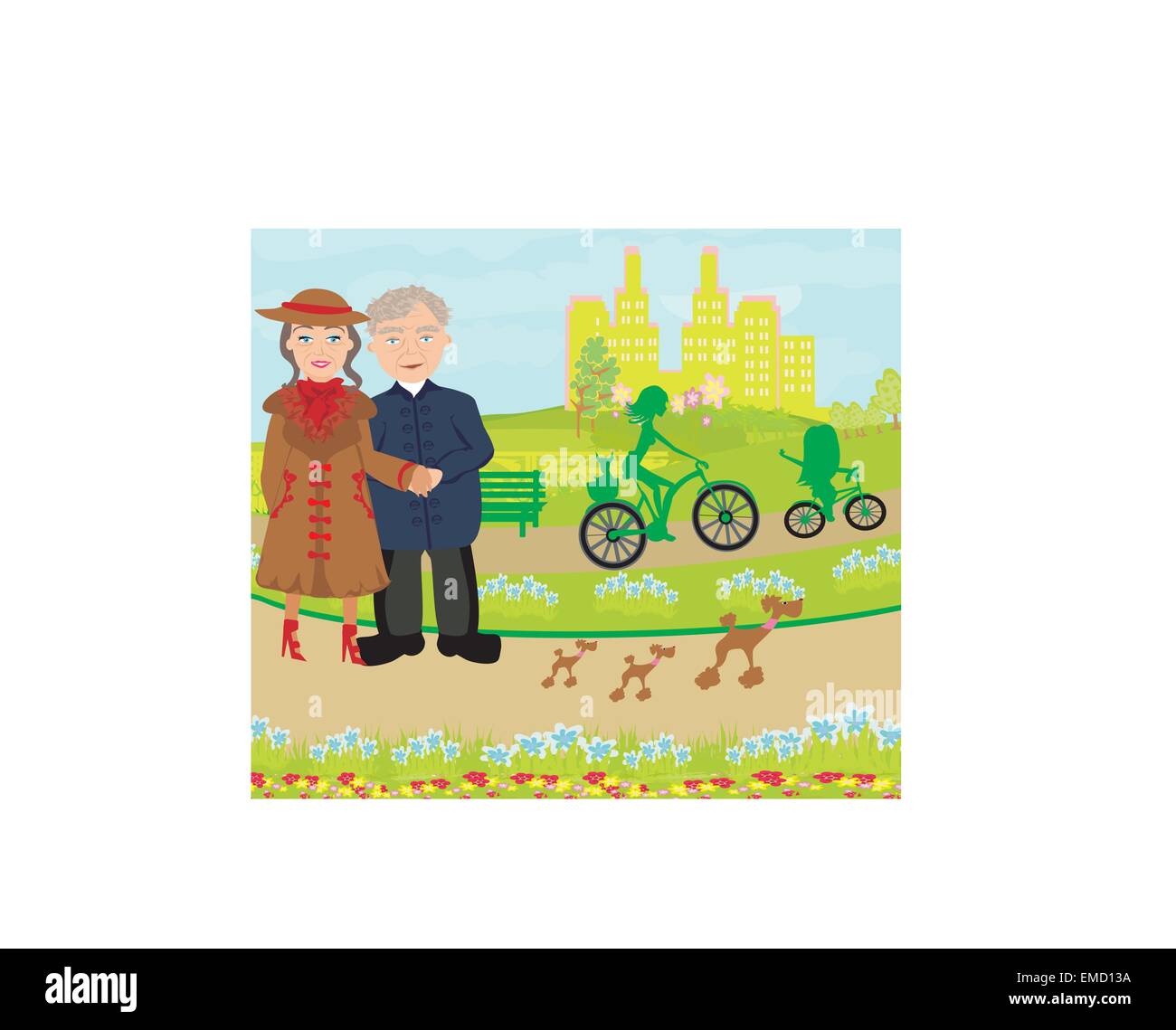Senior couple walking in sunny day with dogs Stock Vector