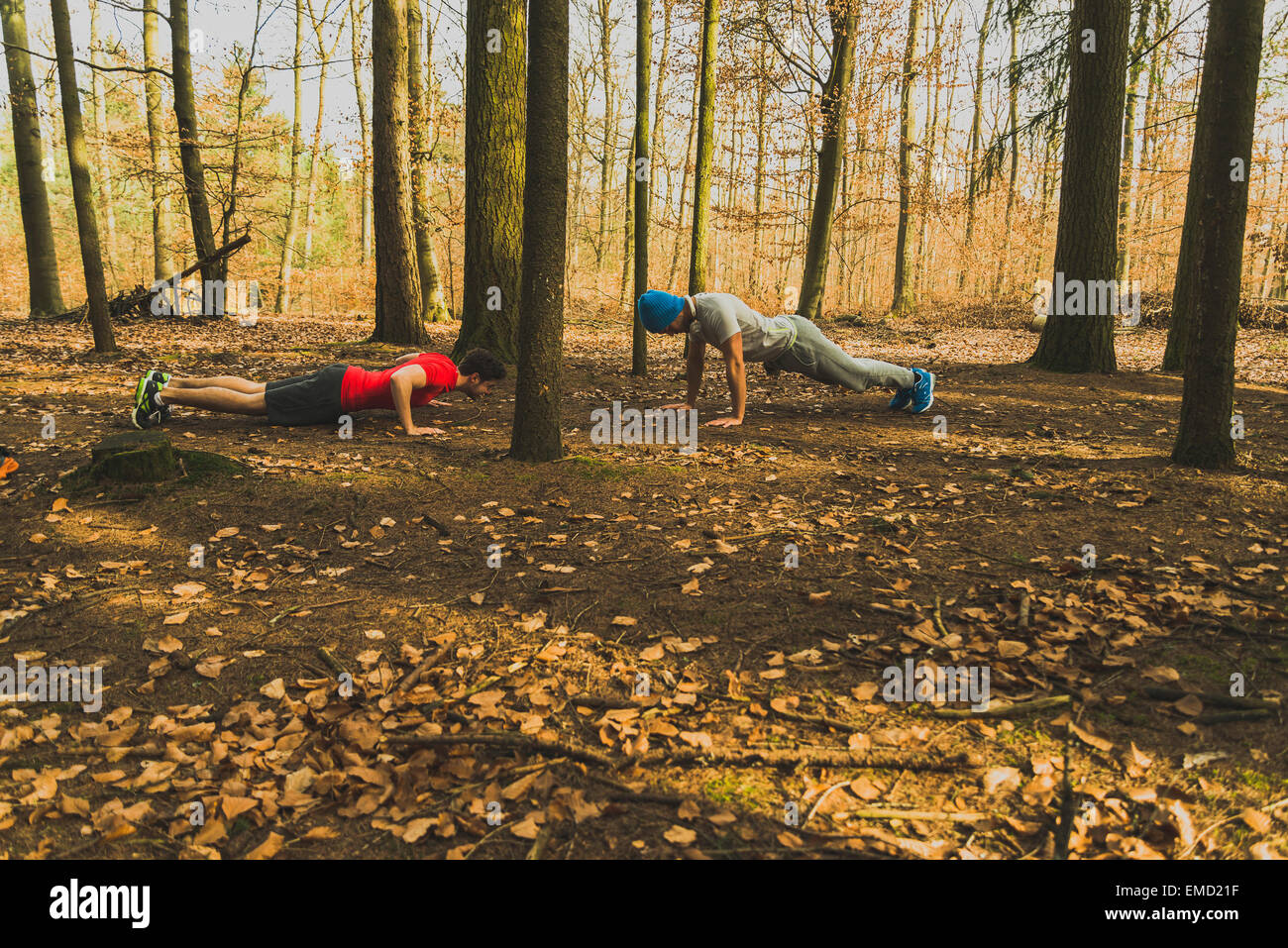 Two young men doing push-ups in forest Stock Photo - Alamy