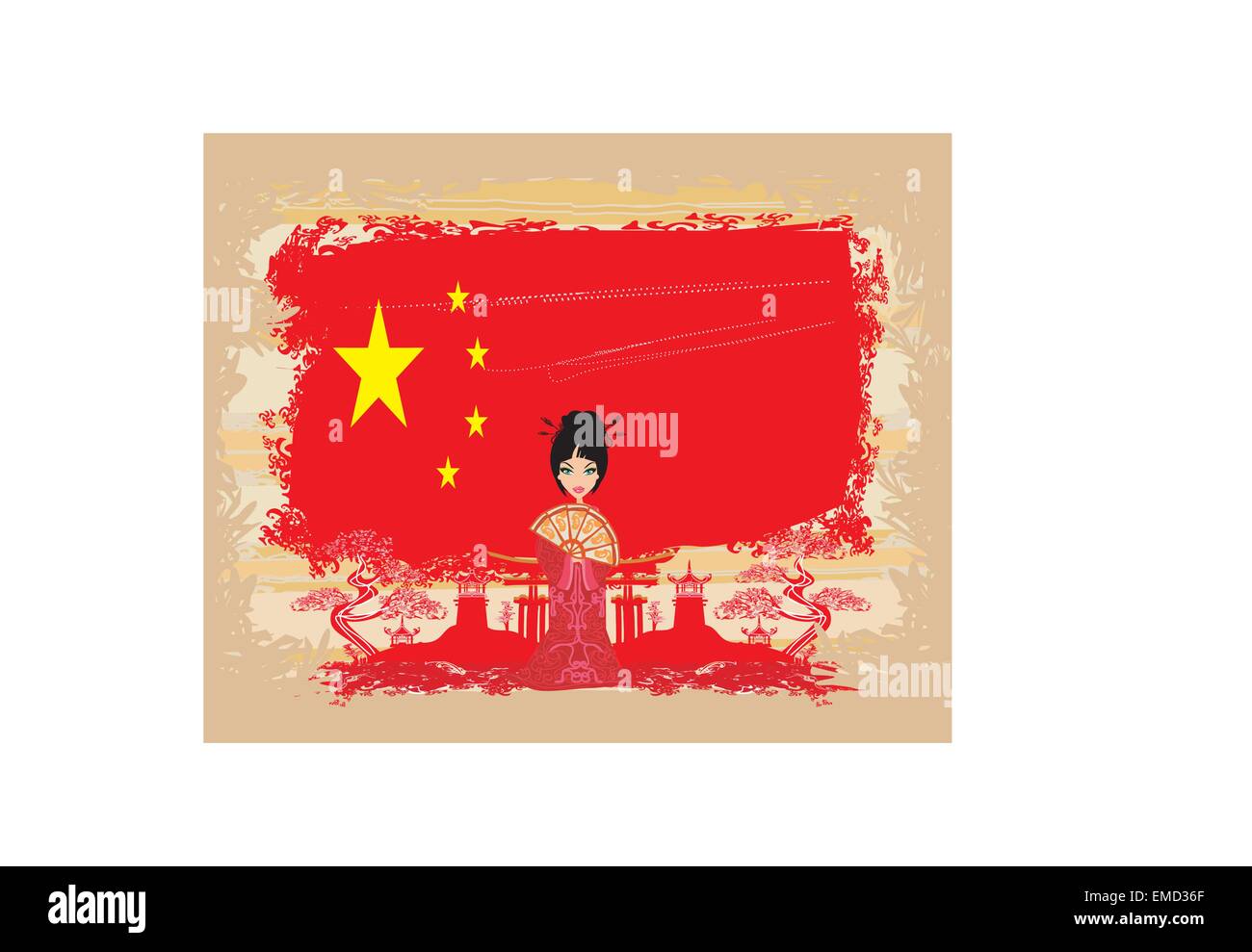 grunge abstract landscape with Asian girl and flag of China Stock Vector