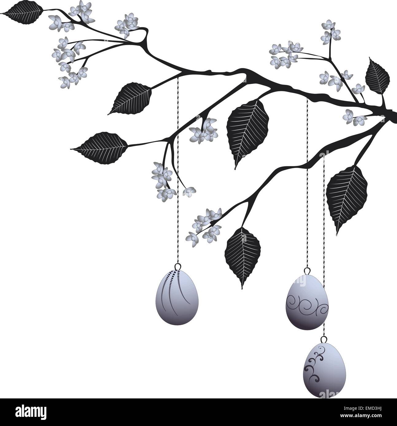 Easter Eggs are hanging on the flowering branch, vector illustra Stock Vector