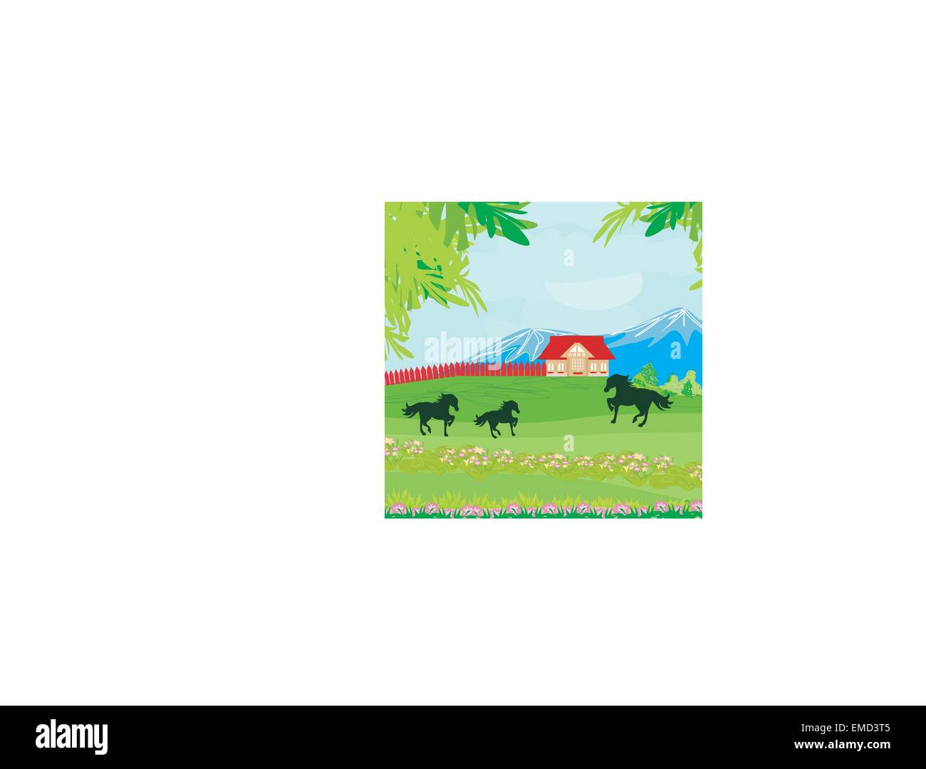 Horses grazing in a pasture with mountains Stock Vector