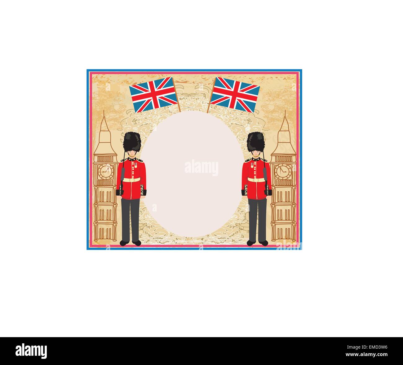 Abstract frame with a flag,Beefeater soldier and Big Ben Stock Vector