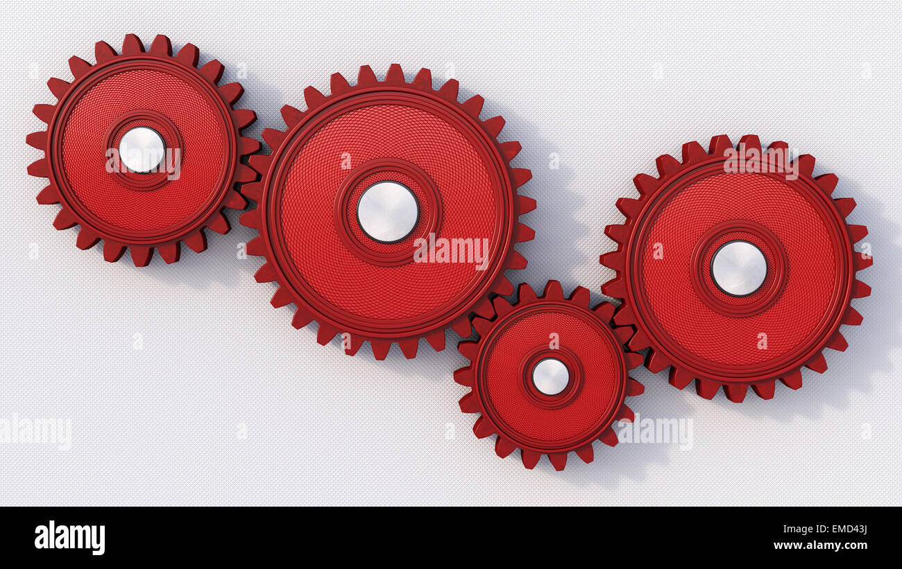 Four red cogwheels on light background, 3D Rendering Stock Photo