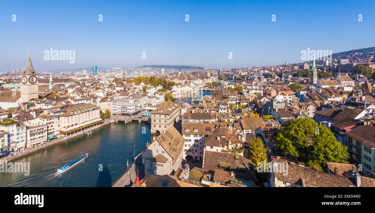 Switzerland, Zurich, Cityview, Limmat River and St. Peter Church left, Panorama Stock Photo