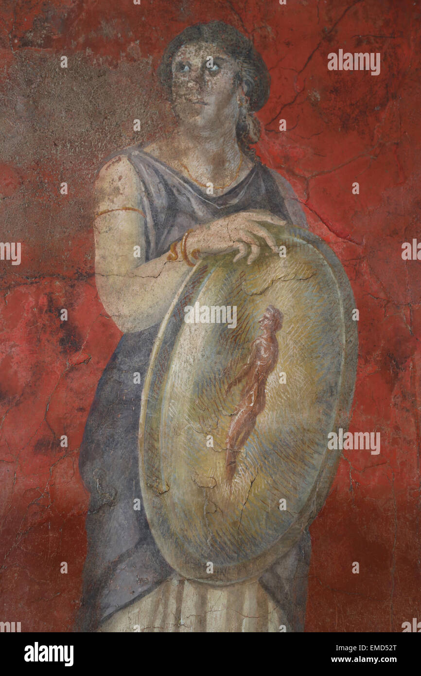 Wall painting. Roman. Late Republican, 50-40 BC. From Villa P. Fannius Synistor at Boscareale, Italy. Woman holding a shield. Stock Photo