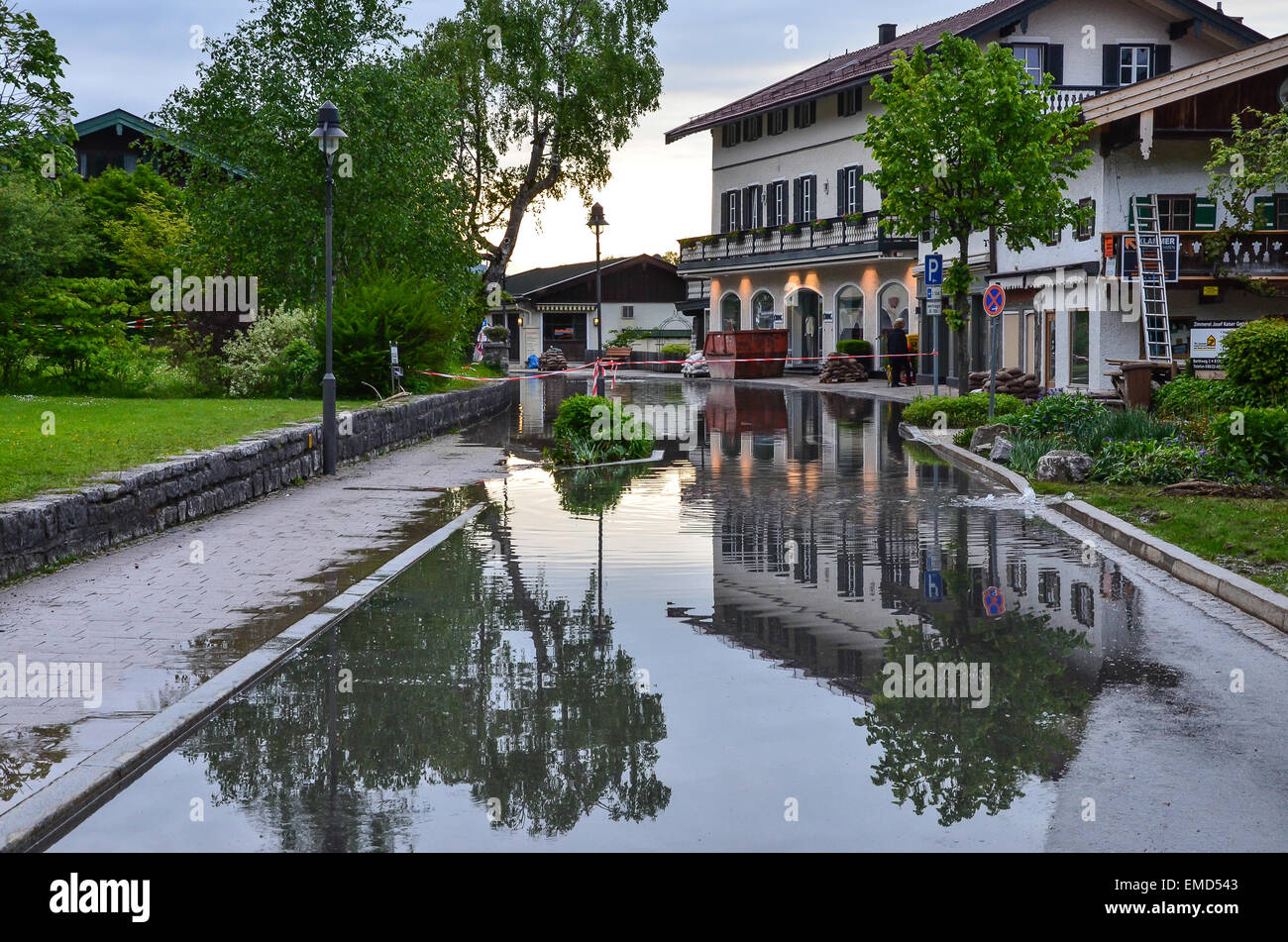 Severe flooding at lake Tegernsee  Rottach-Egern street closed basements under water Stock Photo