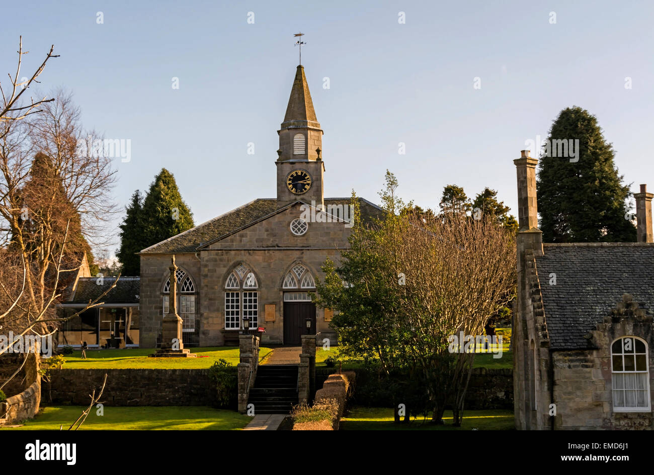 Sunshine on the beautiful and historic Currie Kirk, a Christian church serving the community of Currie and Balerno. Stock Photo