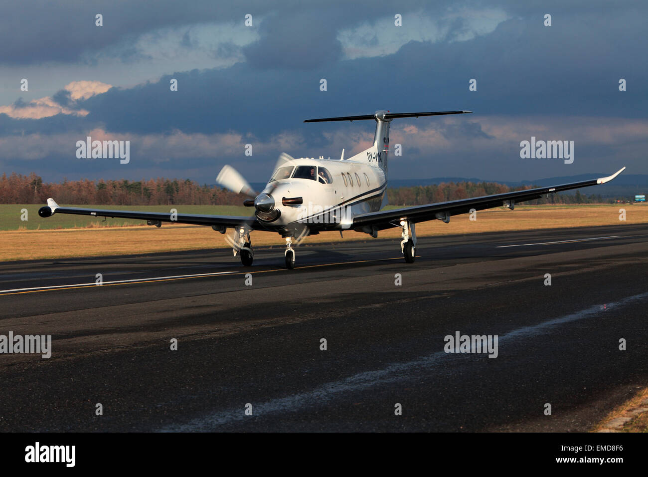 Single turboprop aircraft airplane taking off,  shoted on airport Pribram, 25th November 2010 Stock Photo