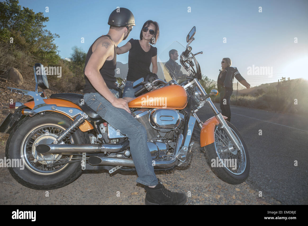 bikers taking a break from riding Stock Photo