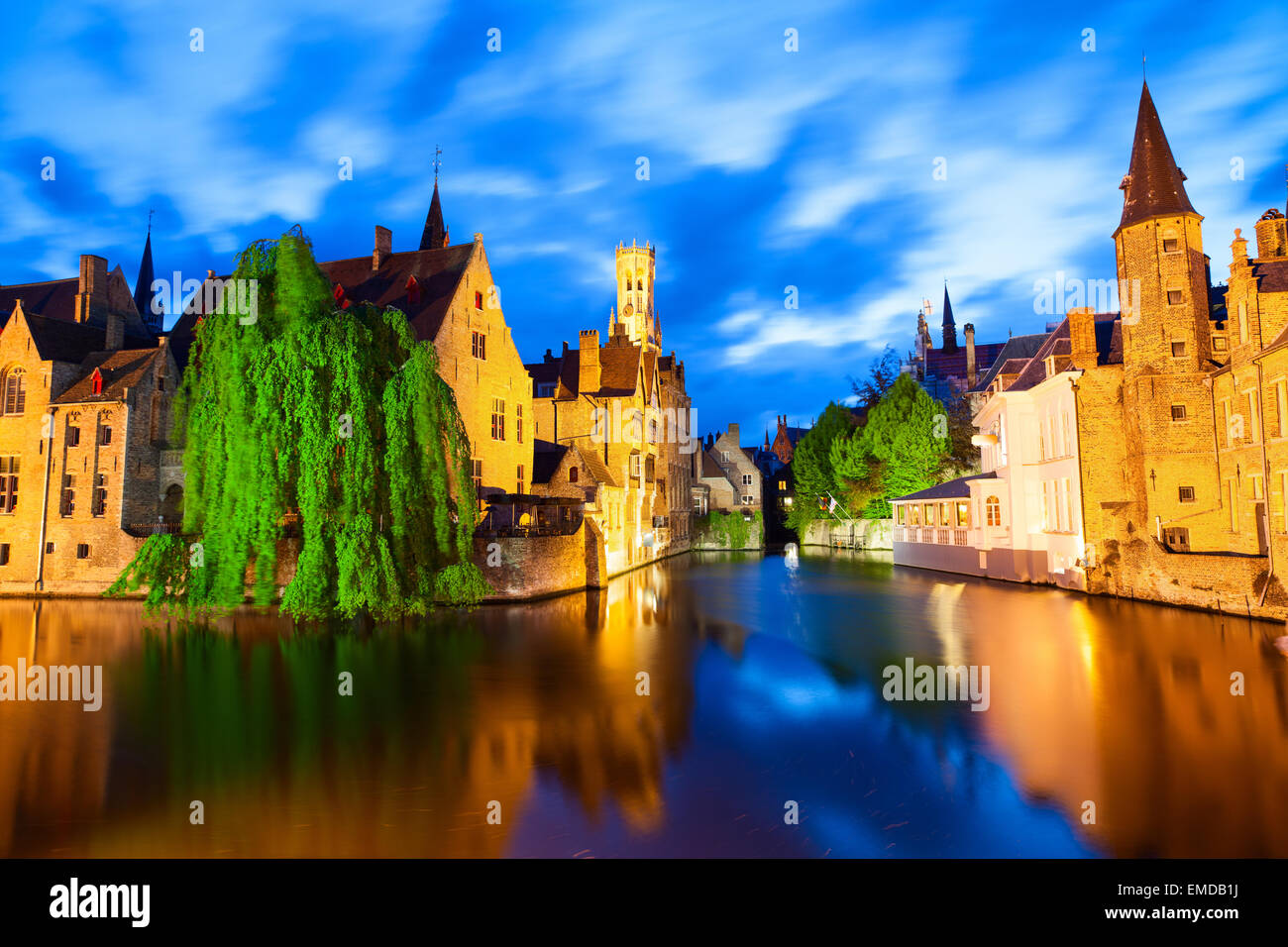 Famous view of Bruges at night Stock Photo