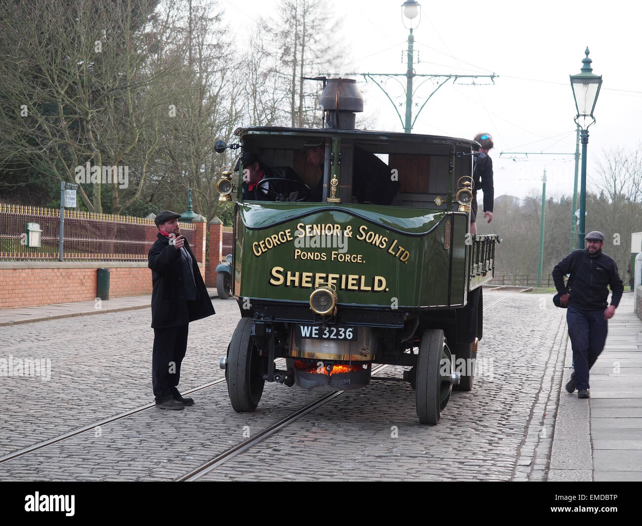Working vintage steam-powered vehicle on display at Beamish Open Air Museum in Co. Durham, England. Stock Photo
