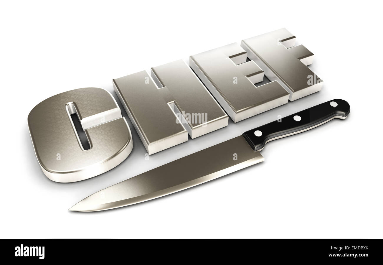 3d chef word and kitchen knife, isolated white background, 3d image