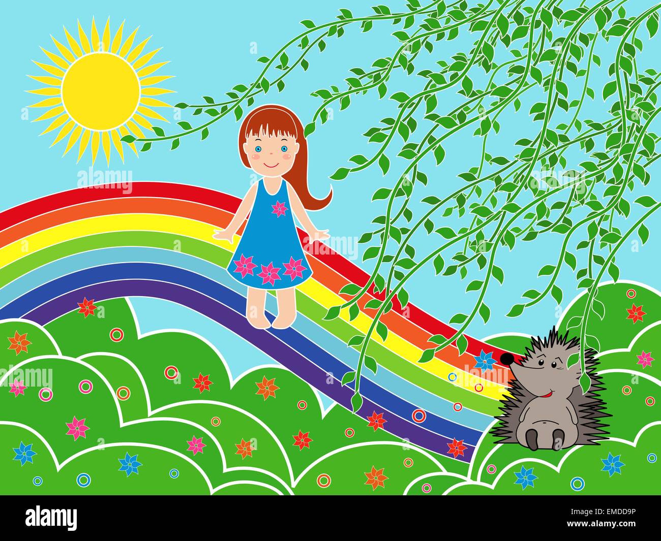 Small girl on the rainbow in sunny summer day Stock Vector
