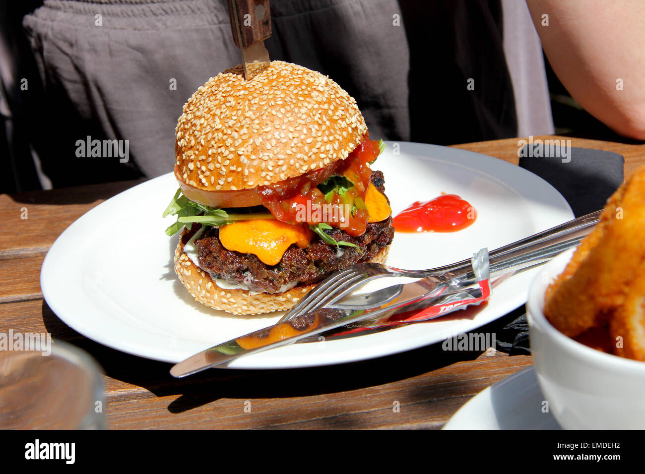 Cheese burger on plate Stock Photo