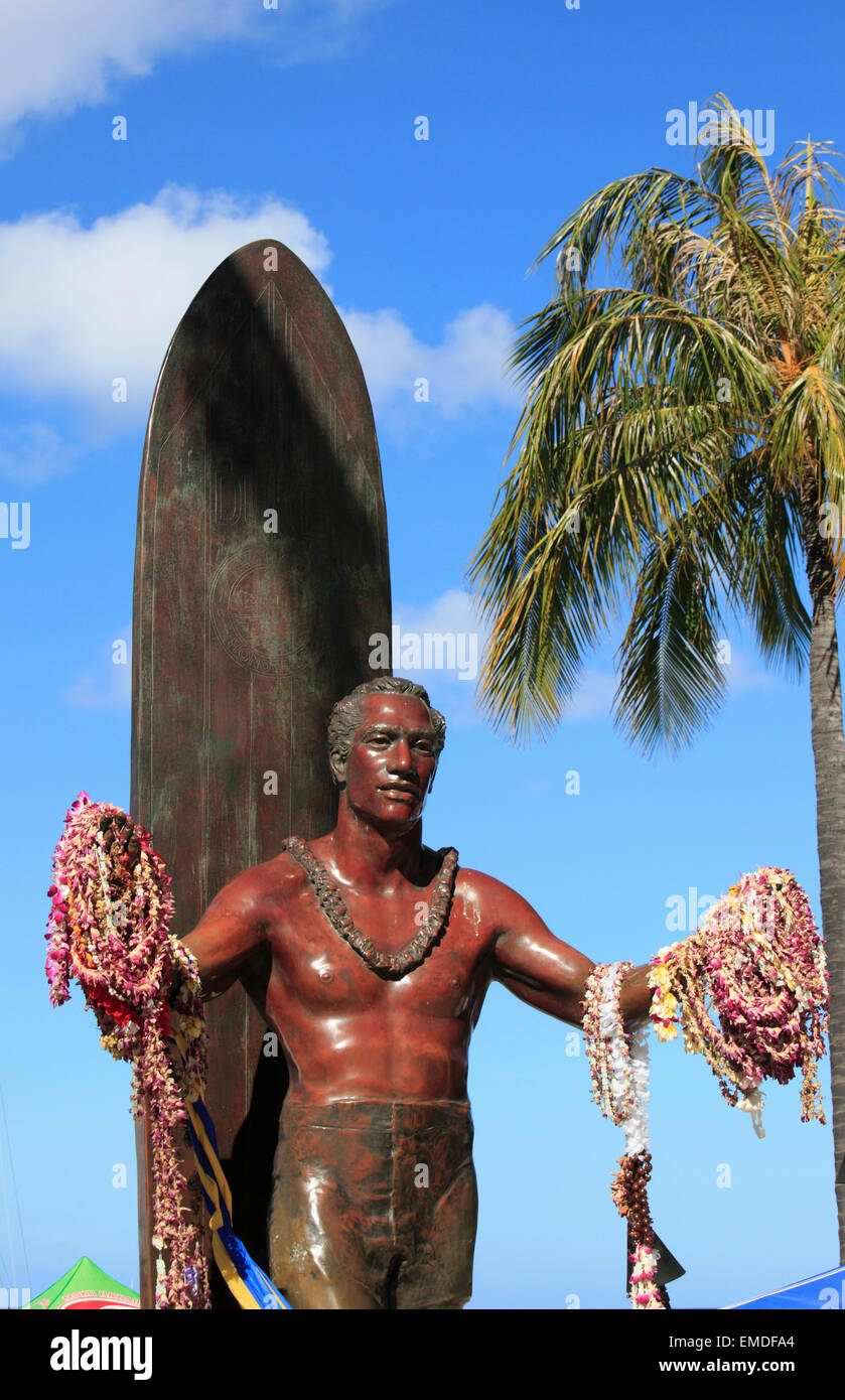 Hawaii, Oahu, Waikiki, Duke Paoa Kahanamoku statue, Stock Photo