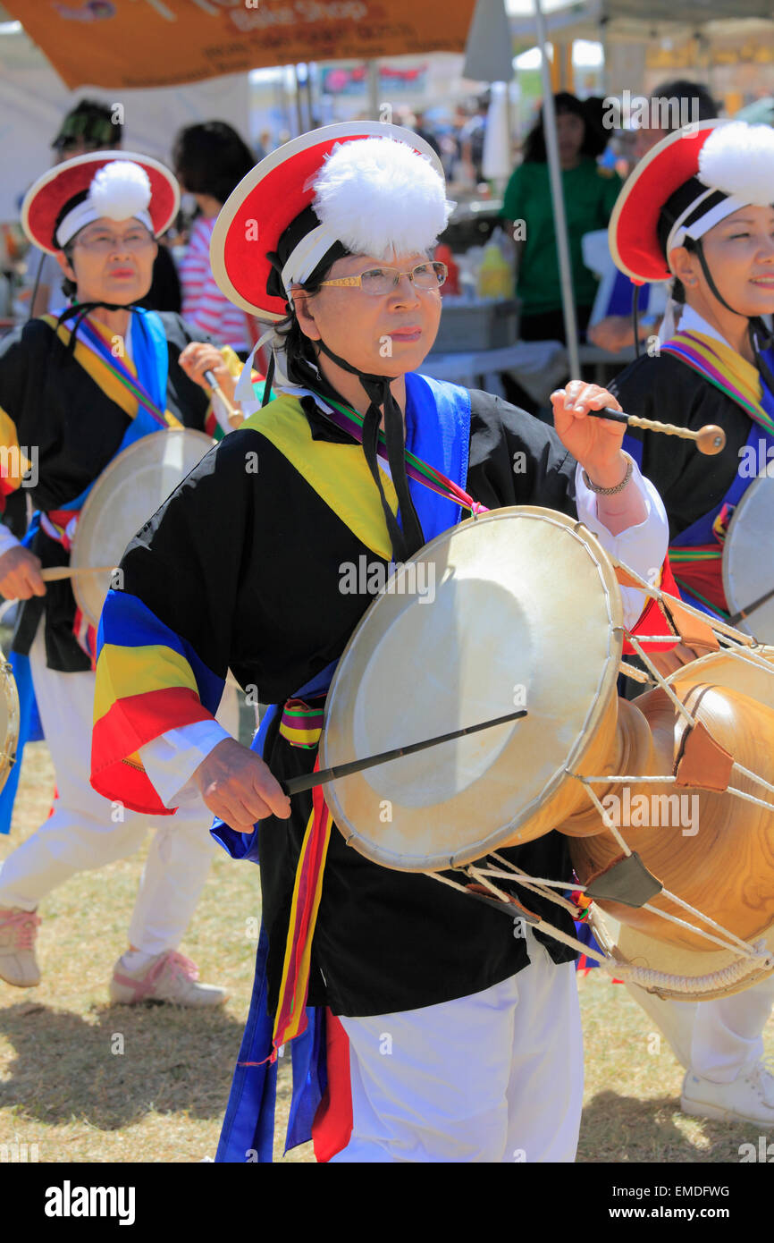 Hawaii, Oahu, Waikiki, Korean festival, drummers, people Stock Photo