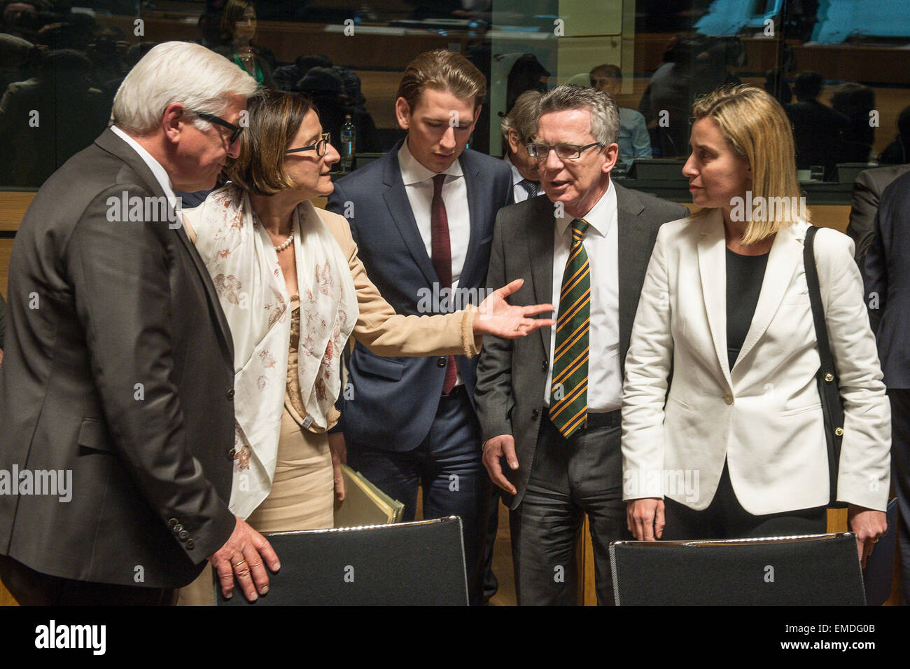 Luxembourg, Lux, Luxembourg. 20th Apr, 2015. (L-R) German Foreign Minister Frank Walter-Steinmeier, (L-R) German Foreign Minister Frank-Walter Steinmeier, Austrian Interior Minister Johanna Mikl-Leitner, Austrian Foreign Minister Sebastian Kurz, German Interior Minister Thomas de Maiziere and Federica Mogherini, EU High representative for foreign policy prior to the EU Foreign Ministers Council (FAC) at European Council headquarters in Luxembourg on 20.04.2015 . The European Union ministers of Foreign Affairs hold urgent talks in a bid to halt the rising death toll of refugees in Stock Photo