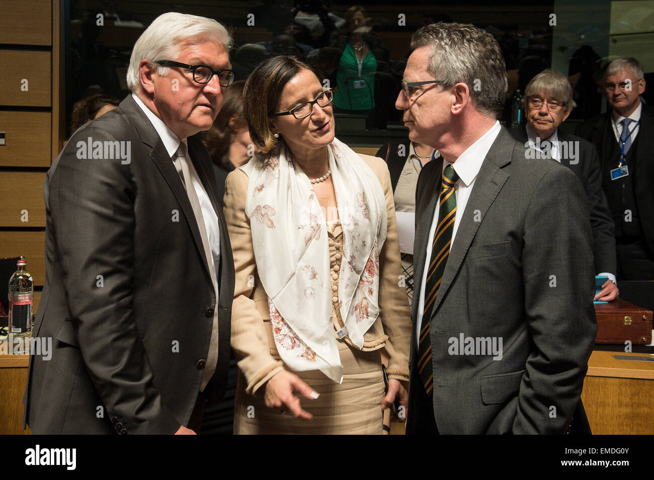 Luxembourg, Lux, Luxembourg. 20th Apr, 2015. (L-R) German Foreign Minister Frank-Walter Steinmeier, Austrian Interior Minister Johanna Mikl-Leitner and German Interior Minister Thomas de Maiziere prior to the EU Foreign Ministers Council (FAC) at European Council headquarters in Luxembourg on 20.04.2015 . The European Union ministers of Foreign Affairs hold urgent talks in a bid to halt the rising death toll of refugees in the Mediterranean Sea. © Wiktor Dabkowski/ZUMA Wire/Alamy Live News Stock Photo