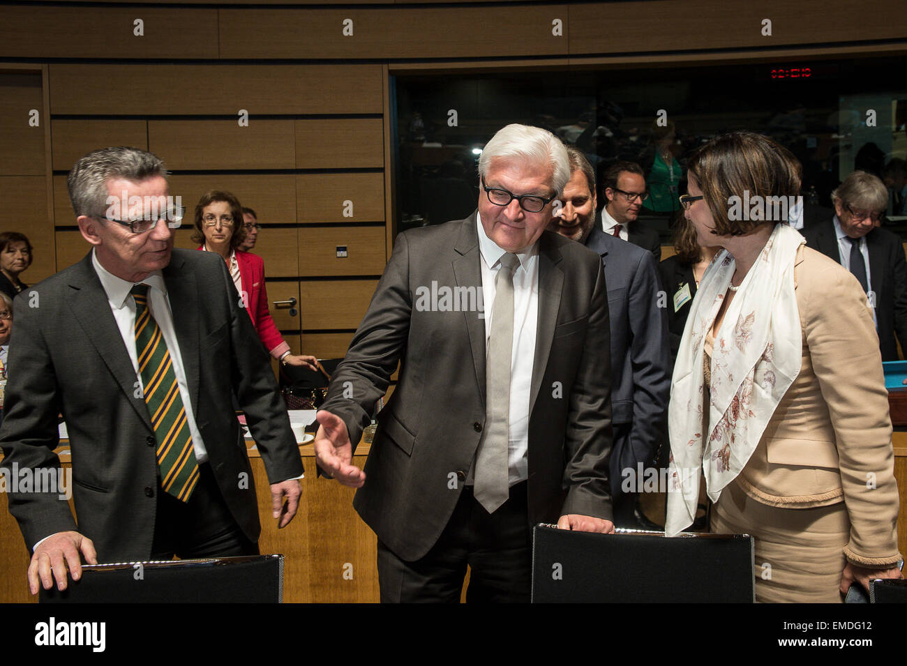 Luxembourg, Lux, Luxembourg. 20th Apr, 2015. (L-R) German Interior Minister Thomas de Maiziere, German Foreign Minister Frank-Walter Steinmeier and Austrian Interior Minister Johanna Mikl-Leitner prior to the EU Foreign Ministers Council (FAC) at European Council headquarters in Luxembourg on 20.04.2015 . The European Union ministers of Foreign Affairs hold urgent talks in a bid to halt the rising death toll of refugees in the Mediterranean Sea. © Wiktor Dabkowski/ZUMA Wire/Alamy Live News Stock Photo