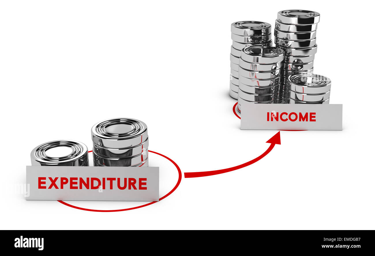 Generic coins over white background, expenditure is lower than income, symbol of commercial profits or profitability. Stock Photo