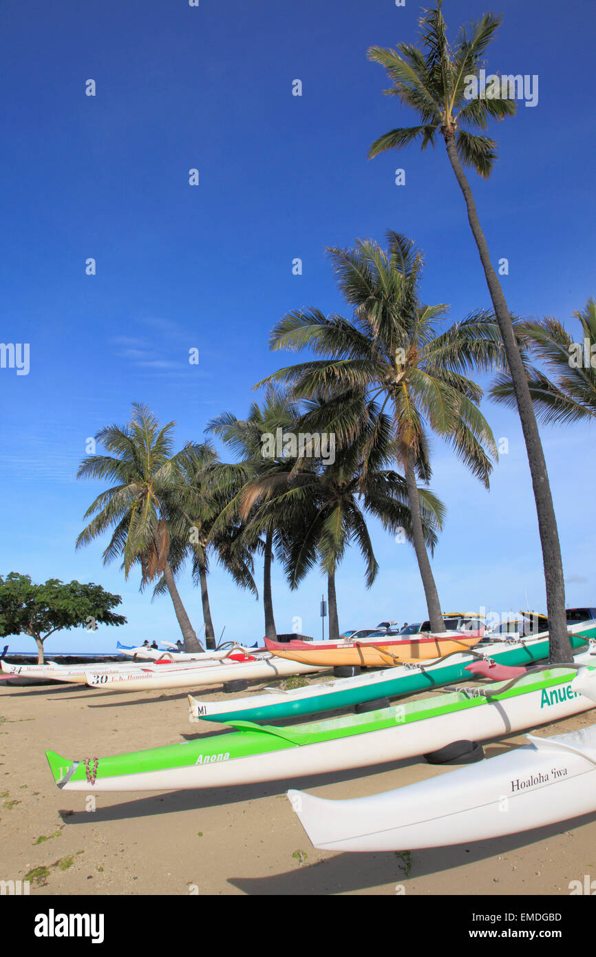 Hawaii, Oahu, Waikiki, beach, outrigger canoes Stock Photo Alamy