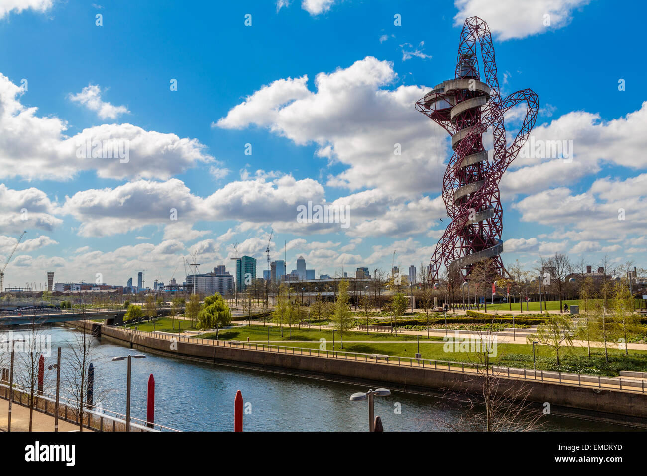 A springtime panorama of the ArcelorMittal Orbit in the Queen Elizabeth Olympic Park London Stock Photo