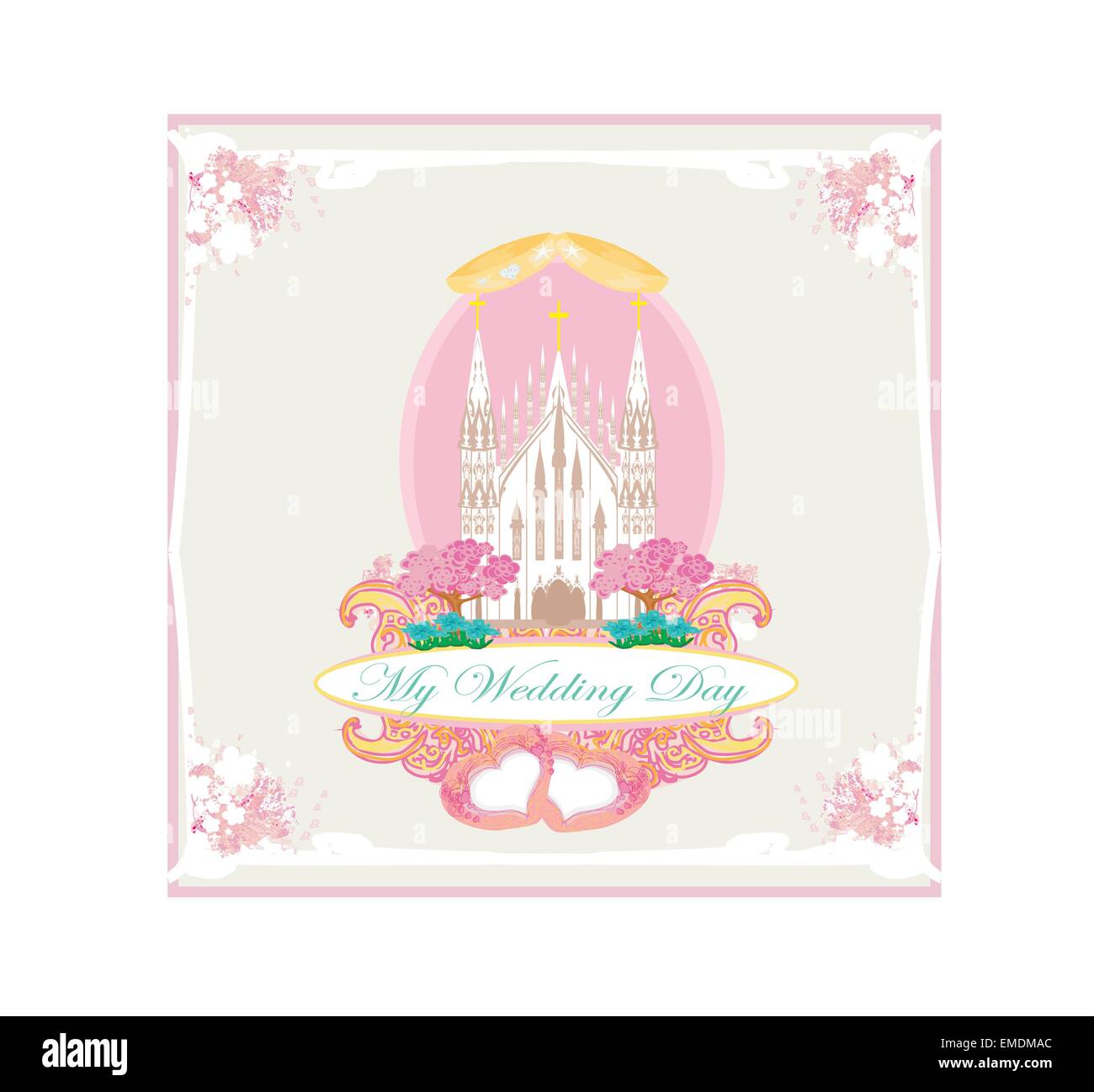 vintage wedding card with rings and elegant Catholic Church Stock Vector