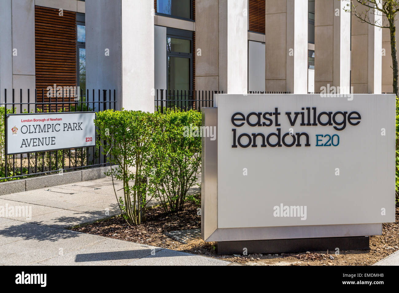 A bright Landscape view of the new East Village sign London E20 Stock Photo