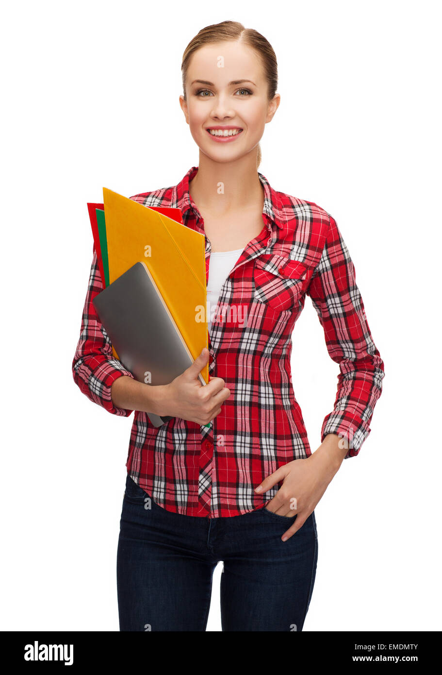 smiling student with folders and tablet pc Stock Photo - Alamy