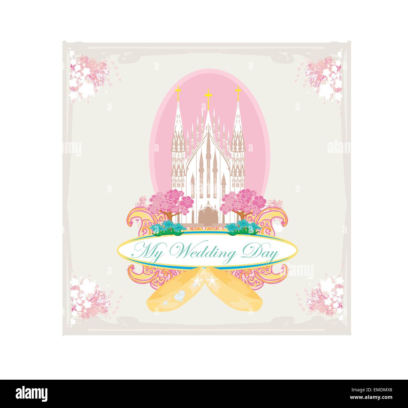 vintage wedding card with rings and elegant Catholic Church Stock Vector