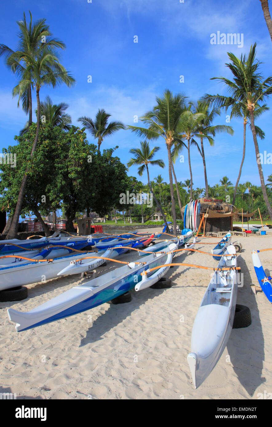 Hawaii, Big Island, Kailua-Kona, Kamakahonu Beach, outrigger canoes, Stock Photo