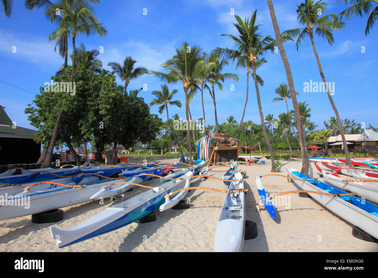 Hawaii, Big Island, Kailua-Kona, Kamakahonu Beach, outrigger canoes, Stock Photo
