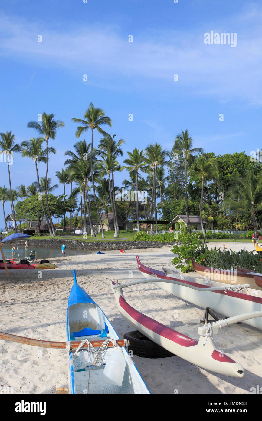 Hawaii, Big Island, KailuaKona, Kamakahonu Beach, outrigger canoes