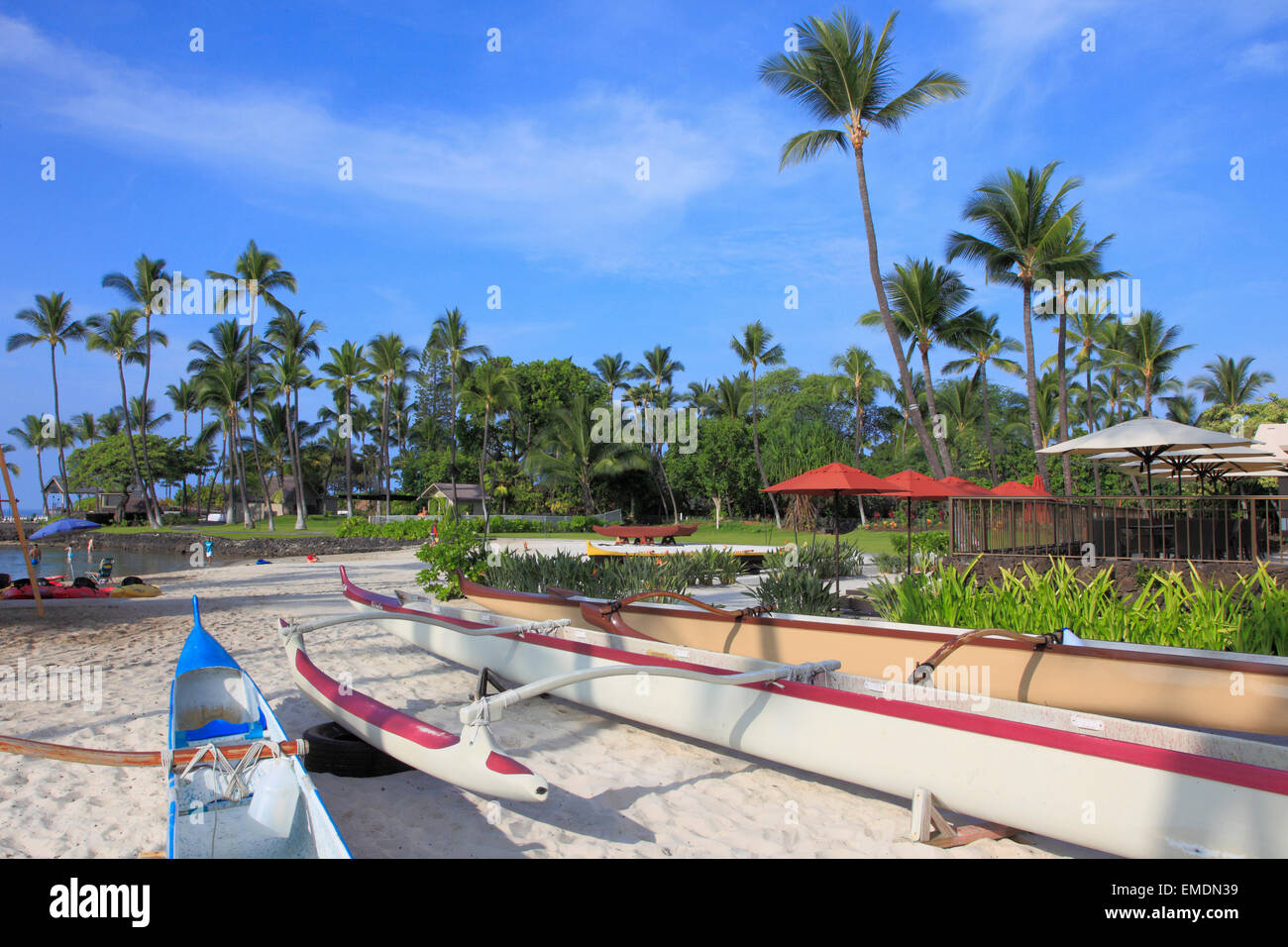 Hawaii, Big Island, Kailua-Kona, Kamakahonu Beach, outrigger canoes, Stock Photo