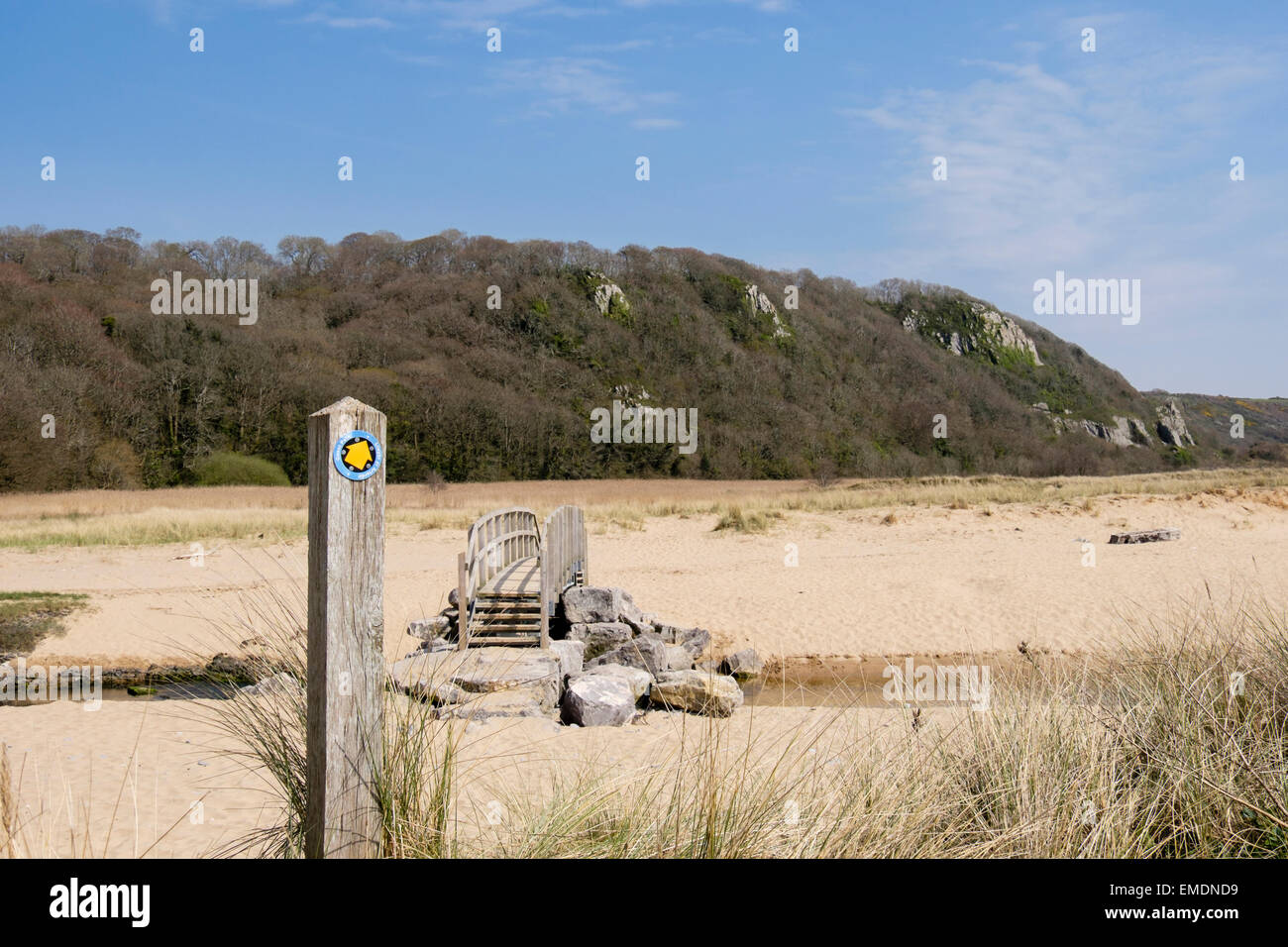 Wales Coast Path sign and footbridge over Nicholaston Pill stream in Oxwich National Nature Reserve on Gower Peninsula Wales UK Stock Photo