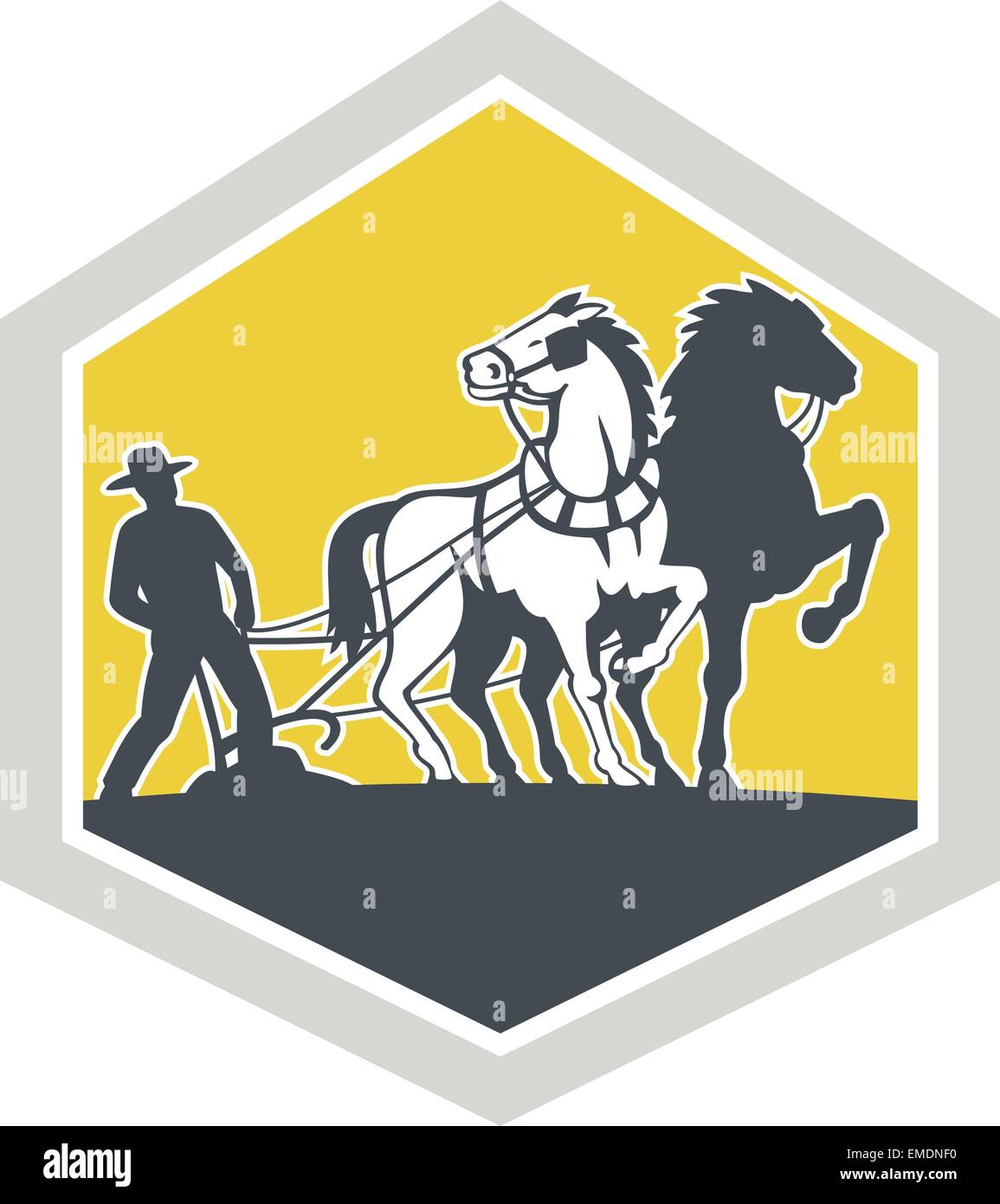 Farmer and Horses Plowing Field Crest Retro Stock Vector Image & Art ...