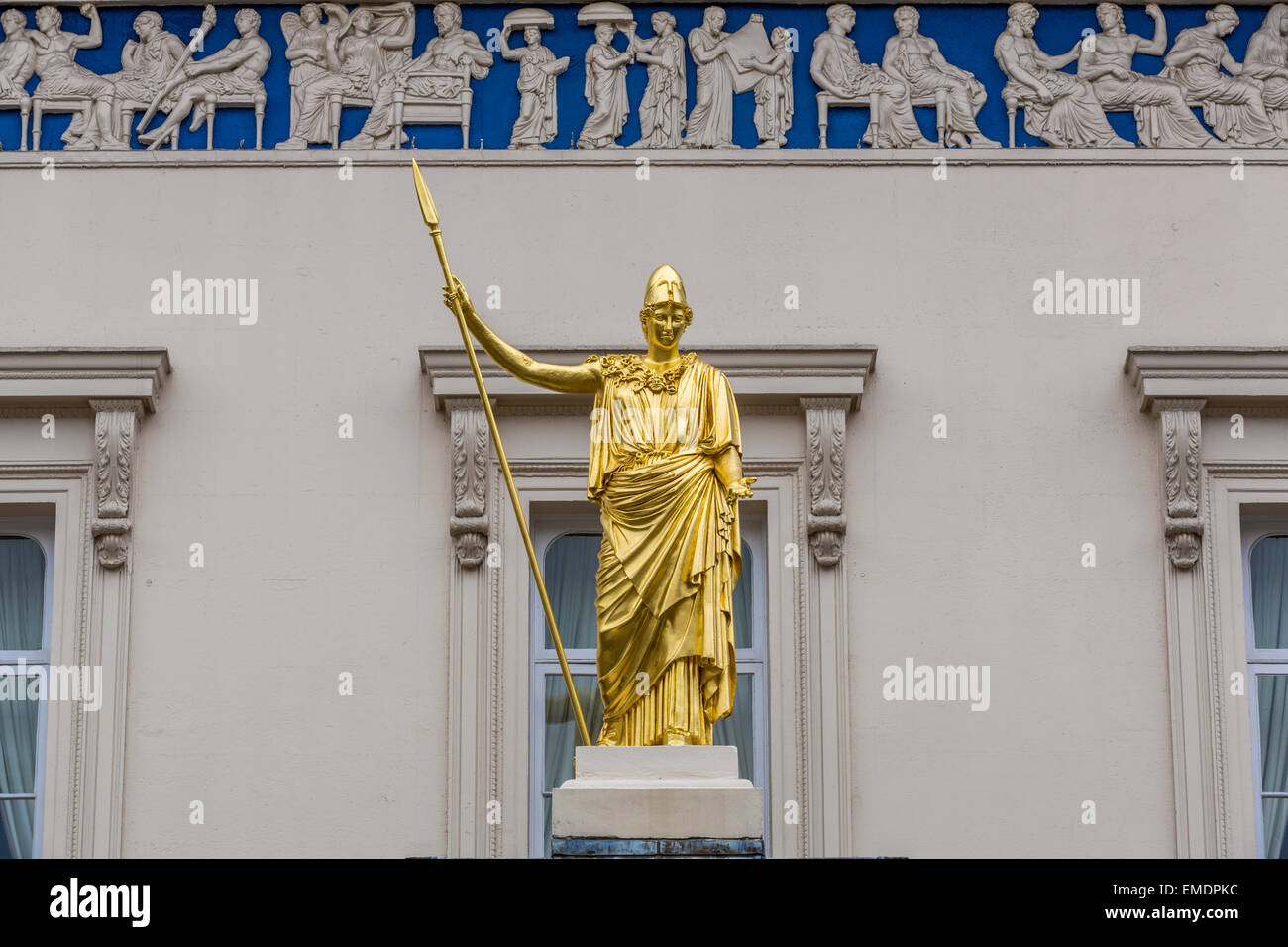The classical goddess of wisdom Athena and Frieze of the Parthenon adorning the Athenaeum private members club in Pall Mall, London England UK Stock Photo