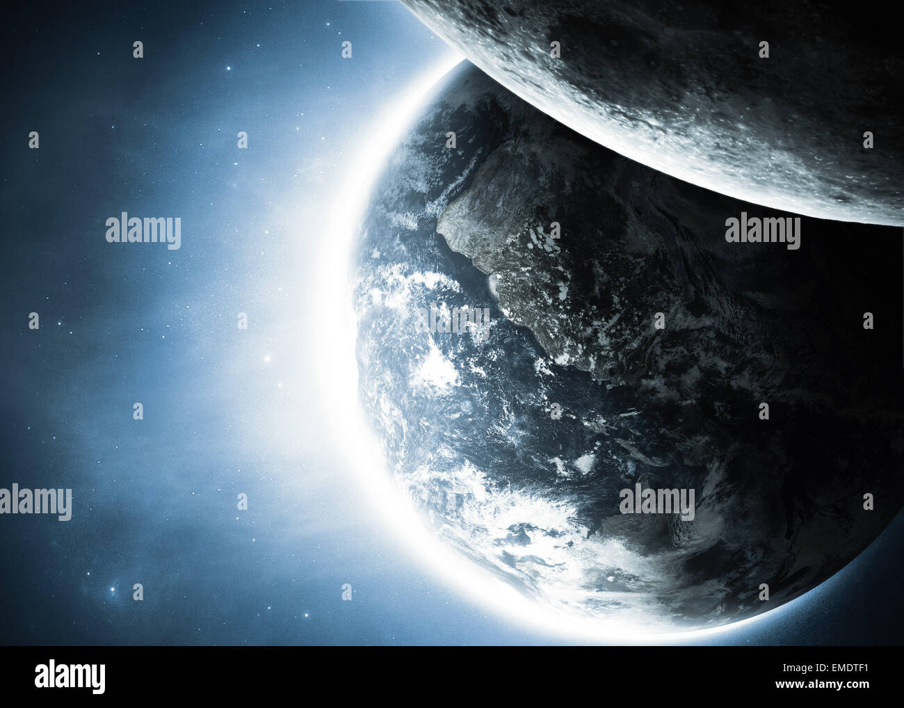 Planet earth with sunrise and moon in space. Elements of this image ...