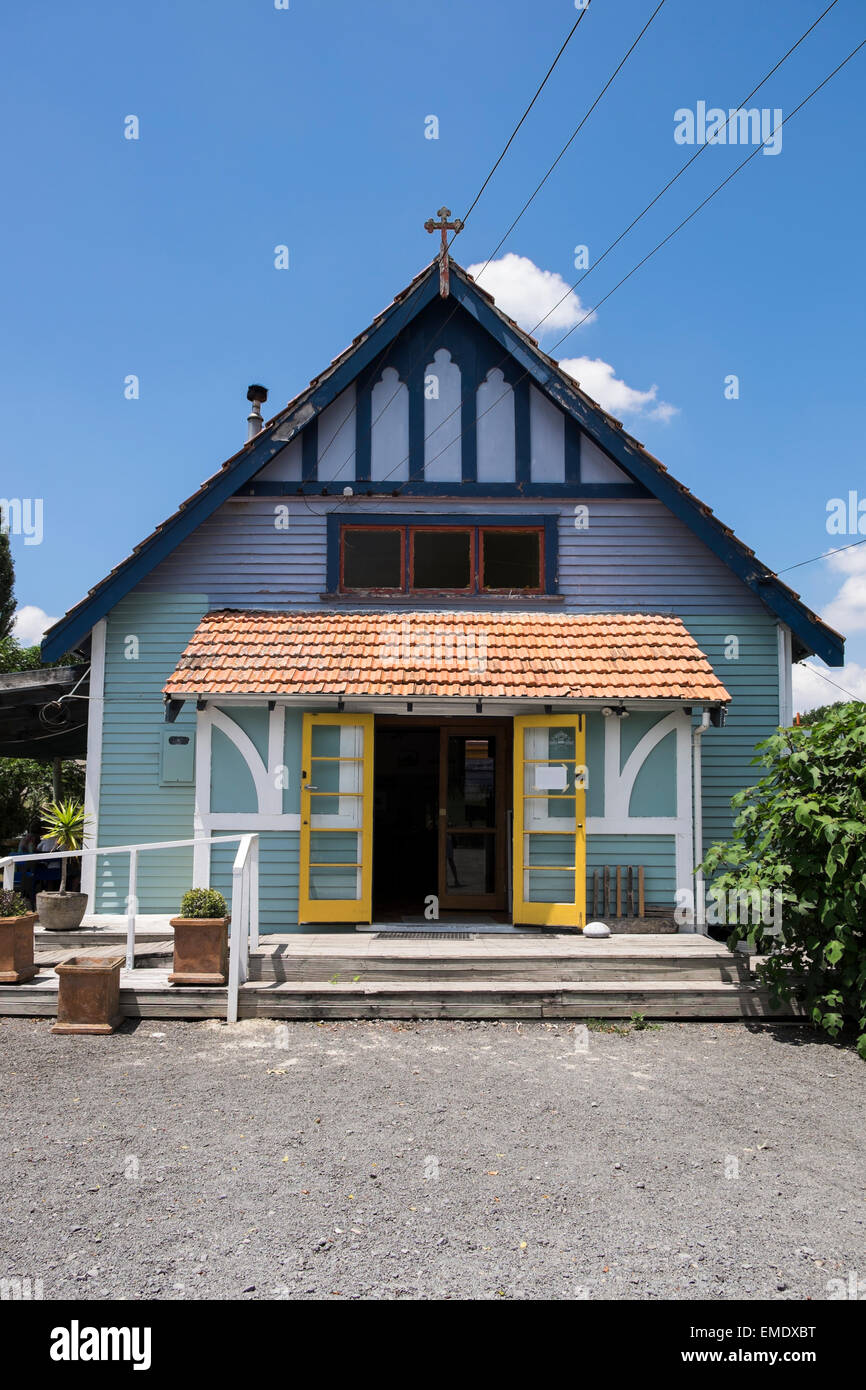 The Paper Mulberry Cafe in Te Aute, New Zealand. A clapboard wooden church converted into a restaurant. Stock Photo